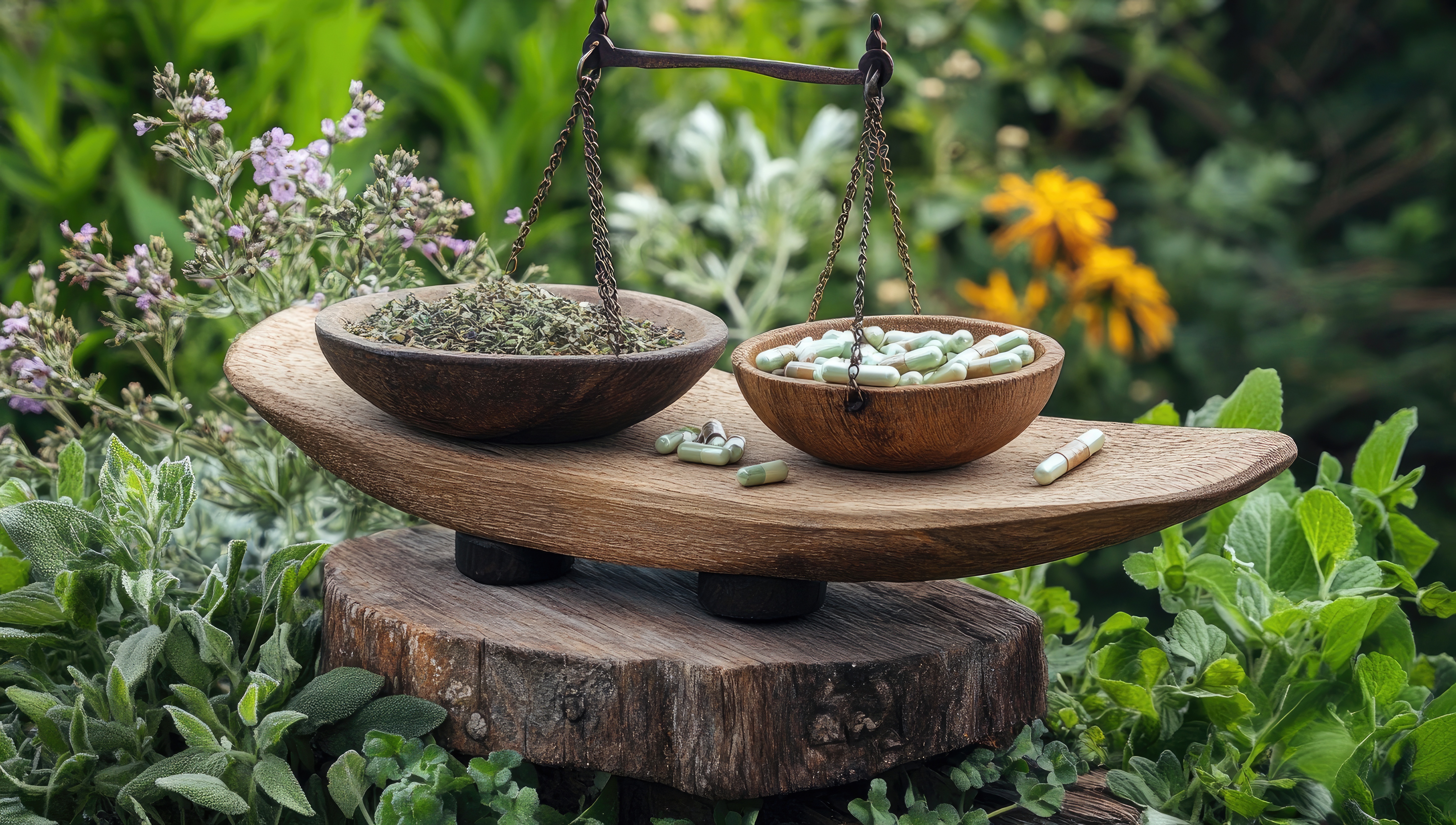 Herbs and capsules in balance